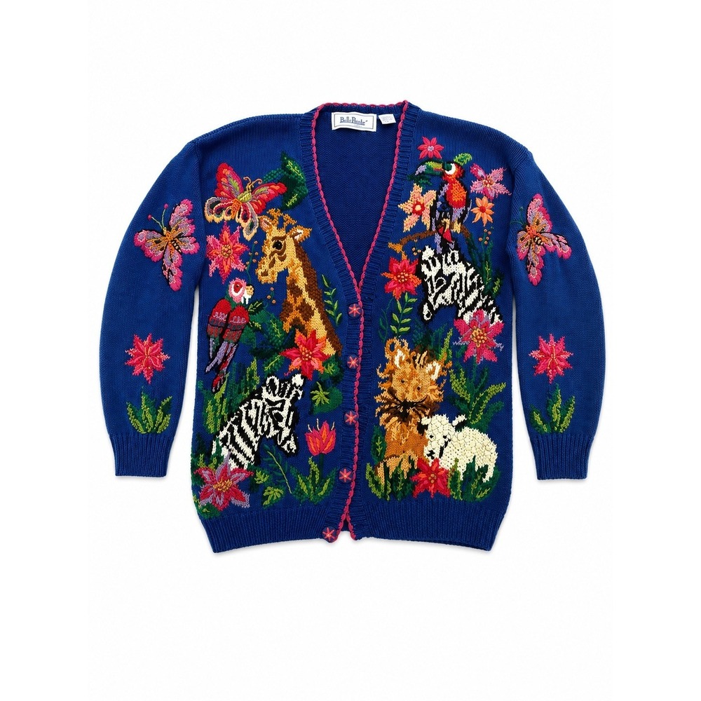 Vintage BellePointe XL Embroidered Animal Cardigan Maximalist Sweater Royal Blue